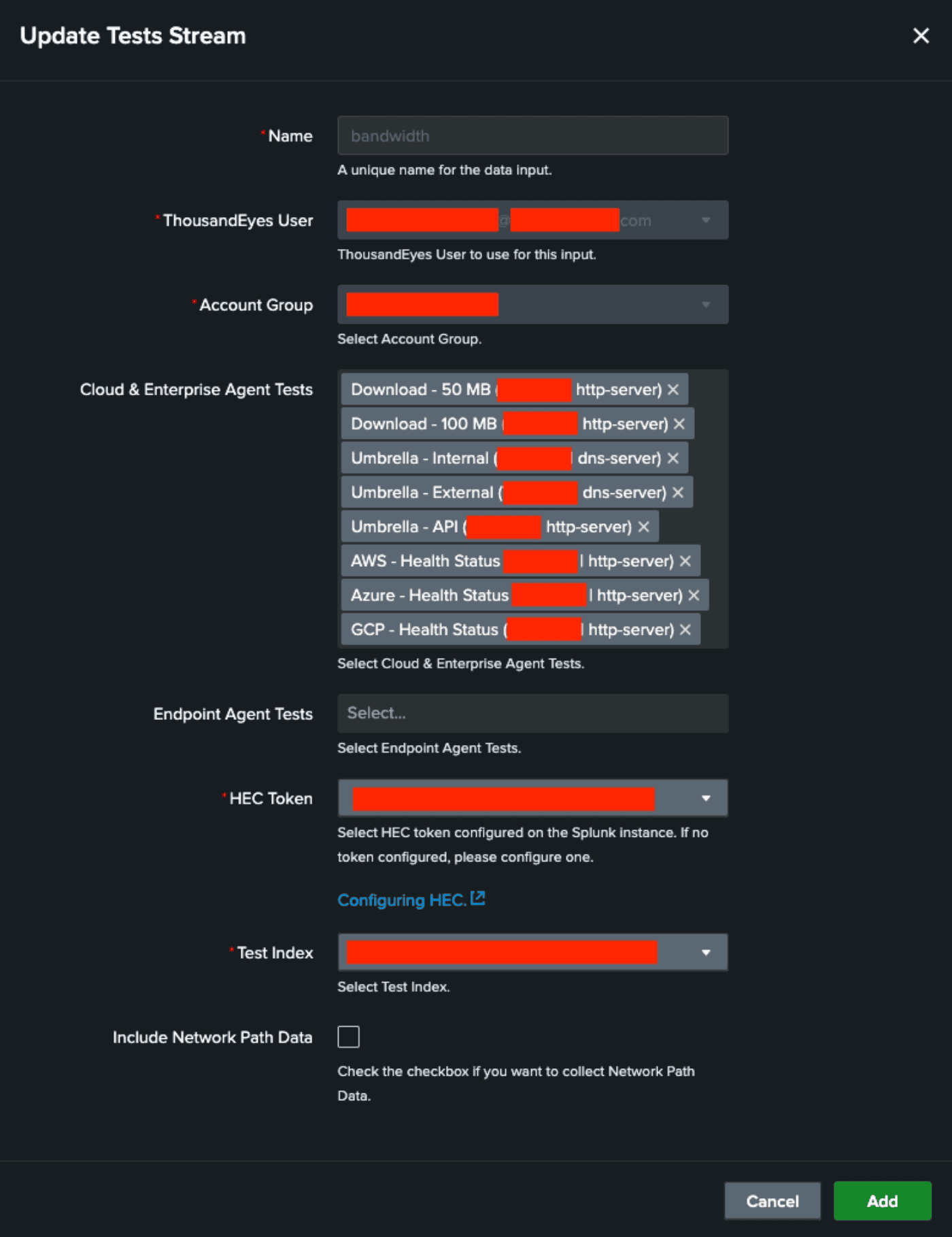 Tests Stream configuration menu on the Cisco ThousandEyes App for Splunk